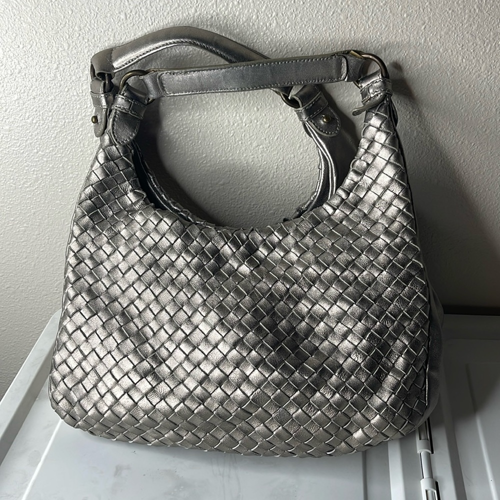 Well loved silver leather shoulder bag